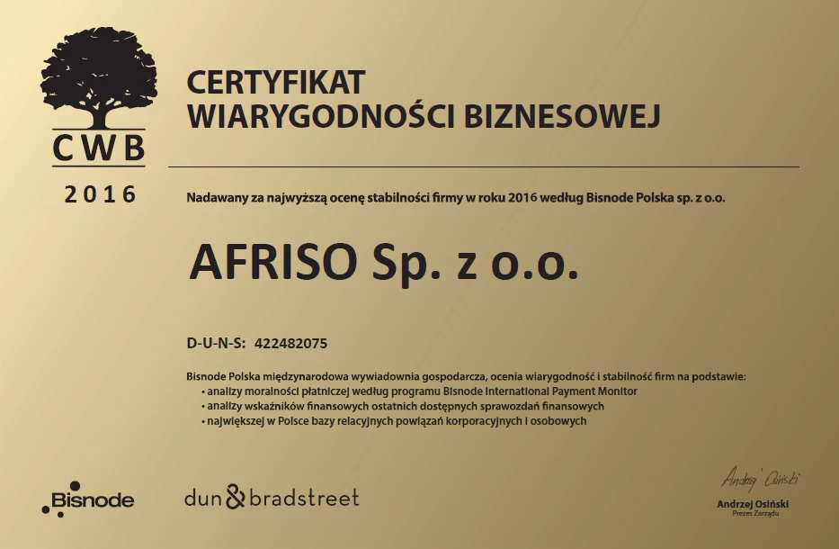 Certyfikat Wiarygoności Biznesowej 2016