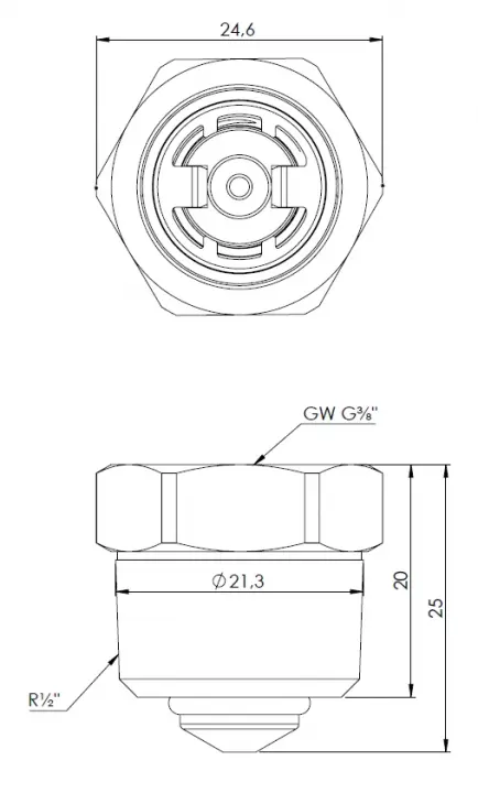 Zawór stopowy do odpowietrznika, R3/8" x GW G3/8" - wymiary