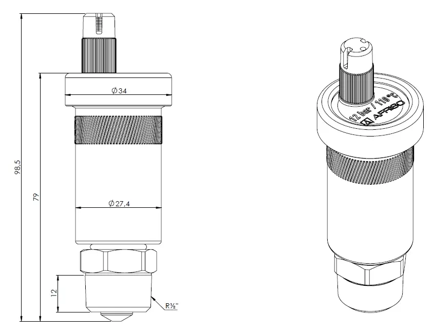 Odpowietrznik automatyczny pionowy PrimoVent G3/8" z Aquastop i zaworem stopowym R1/2" - wymiary