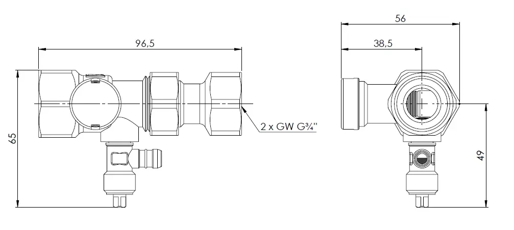 Szybkozłącze ASK, do naczynia wzbiorczego, z zaworem rewizyjnym, 2x GW G3/4" - budowa