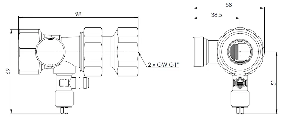 Szybkozłącze ASK, do naczynia wzbiorczego, z zaworem rewizyjnym, 2x GW G1" - budowa