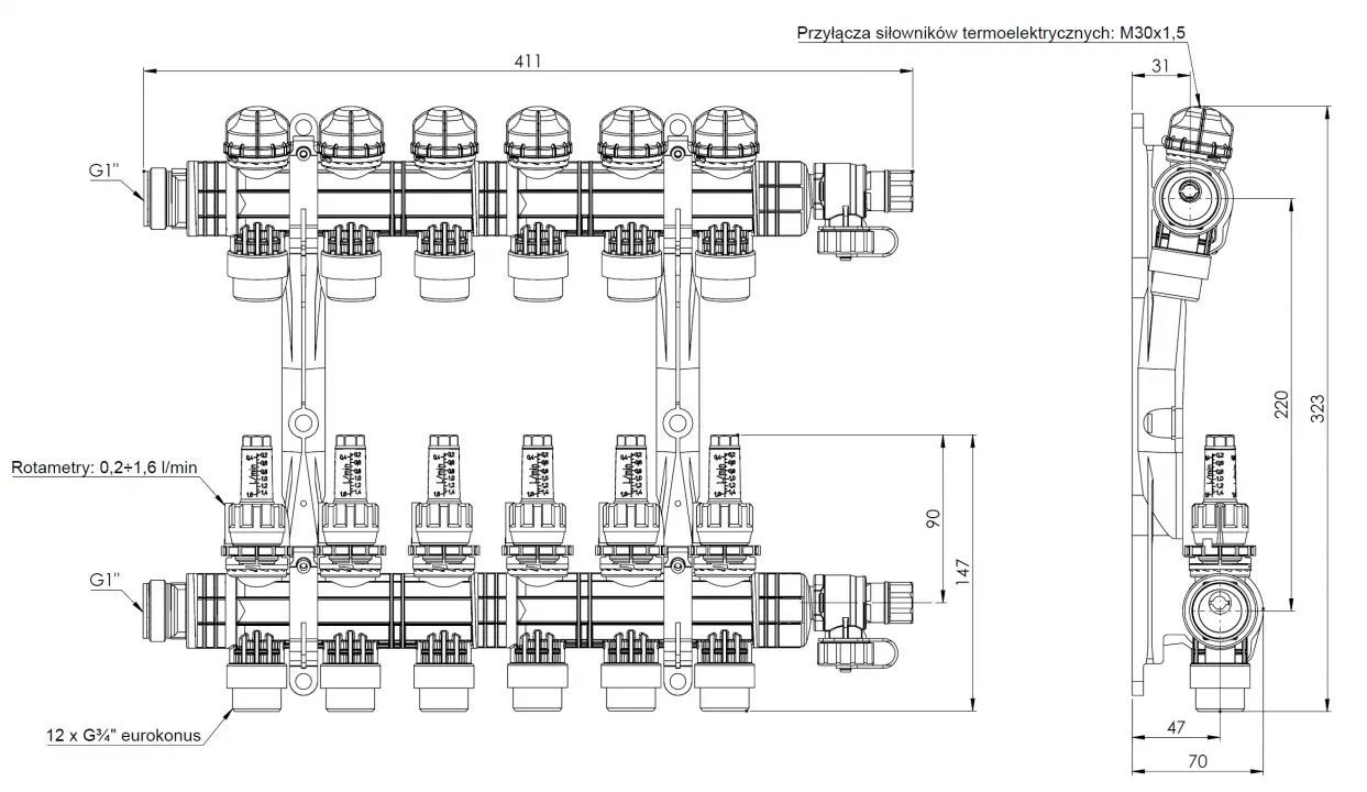 ProCalida EF1 K 6 obiegów grzewczych, G1",  0,2÷1,6 l/min - budowa
