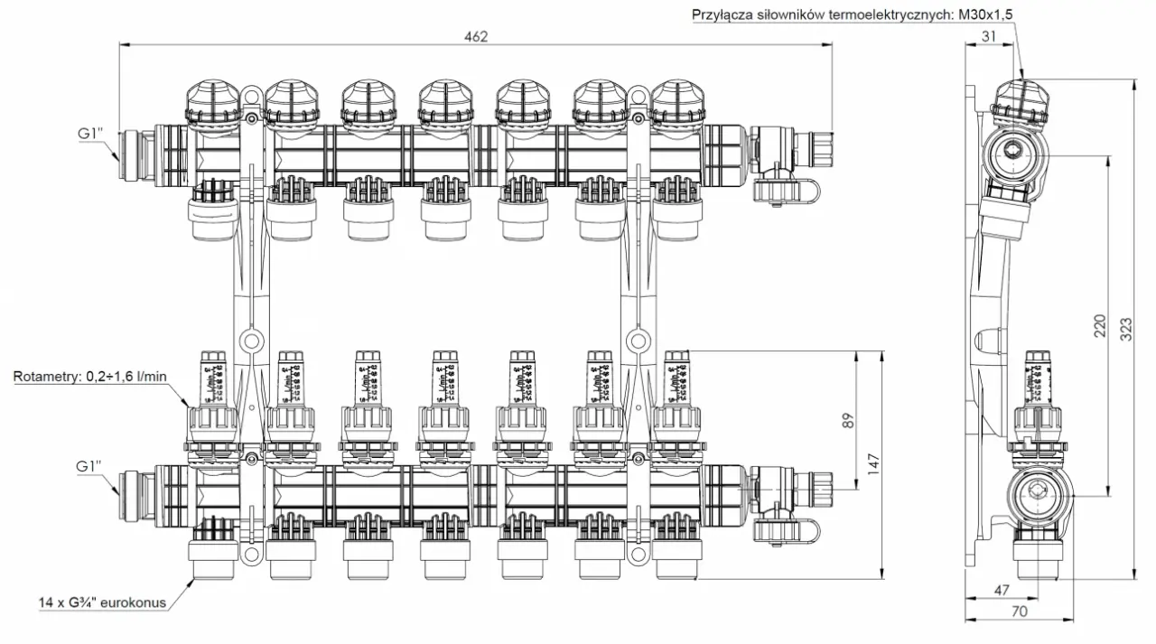 ProCalida EF1 K 7 obiegów grzewczych, G1", 0,2÷1,6 l/min - budowa