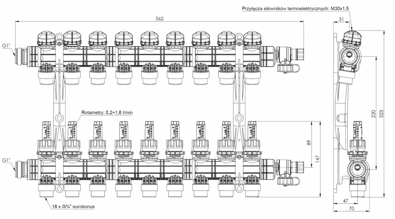 ProCalida EF1 K 9 obiegów grzewczych, G1",  0,2÷1,6 l/min - budowa