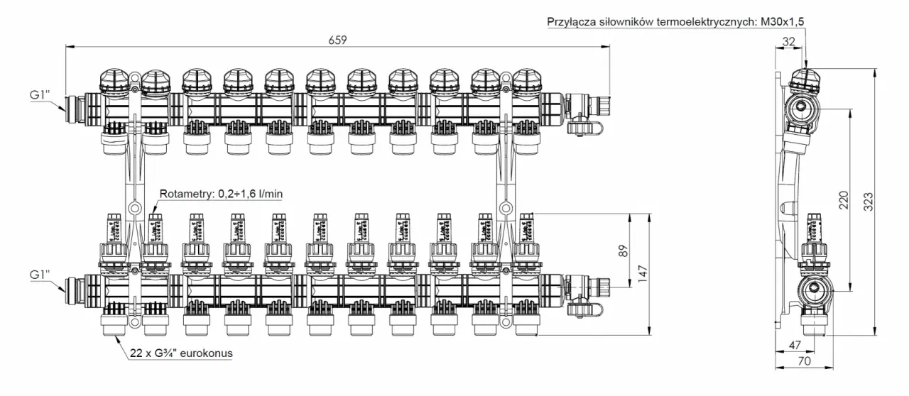 ProCalida EF1 K 11 obiegów grzewczych, G1", 0,2÷1,6 l/min - budowa