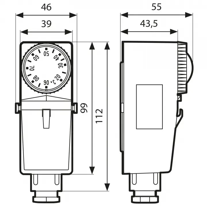 Termostat przylgowy BRC, 20÷90°C, nastawa zewnętrzna - wymiary