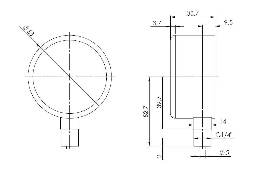 Manometr puszkowy KP 63, D201, fi63 mm, -25÷0 mbar, G1/4", rad, kl. 1,6 - wymiary