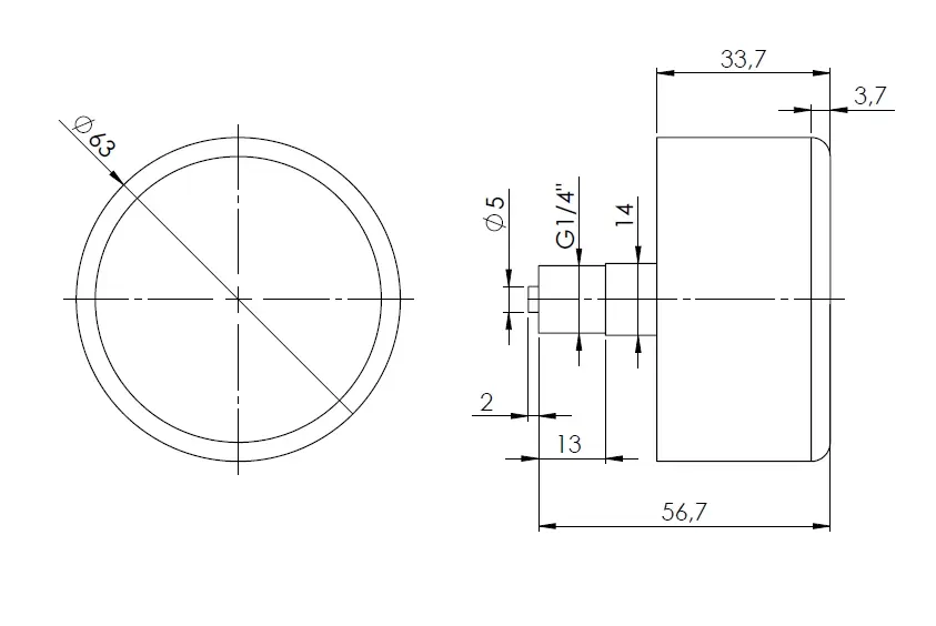 Manometr puszkowy KP 63, D211, fi63 mm, -25÷0 mbar, G1/4", ax, kl. 1,6 - budowa