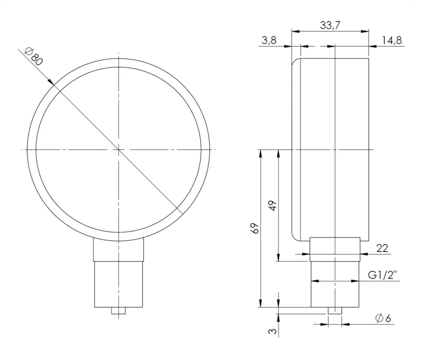 Manometr puszkowy KP 80, D201, fi80 mm, -25÷0 mbar, G1/2", rad, kl. 1,6 - wymiary