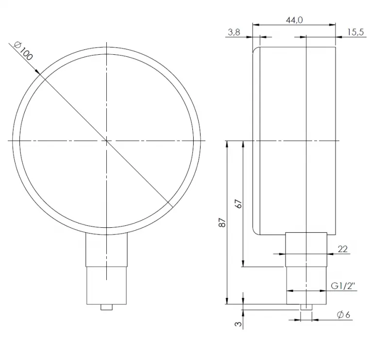 Manometr puszkowy KP 100, D201, fi100 mm, -25÷0 mbar, G1/2", rad, kl. 1,6 - wymiary