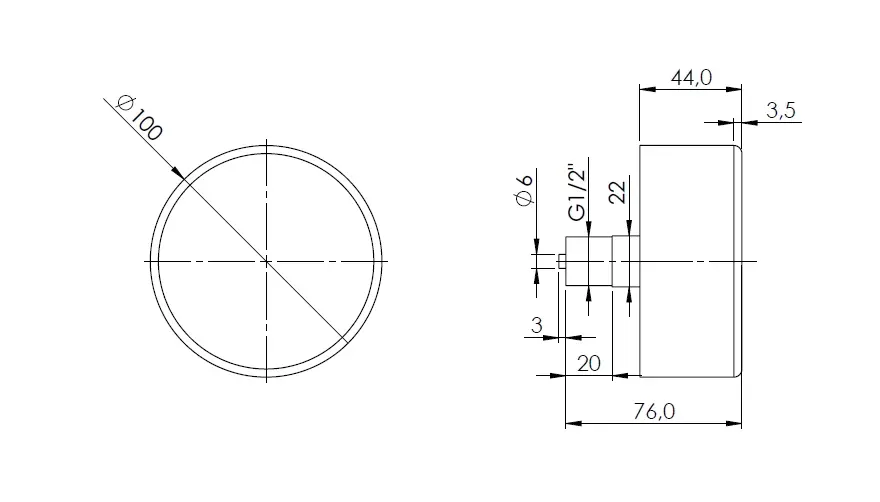 Manometr puszkowy KP 100, D211, fi100 mm, -25÷0 mbar, G1/2", ax, kl. 1,6 - wymiary