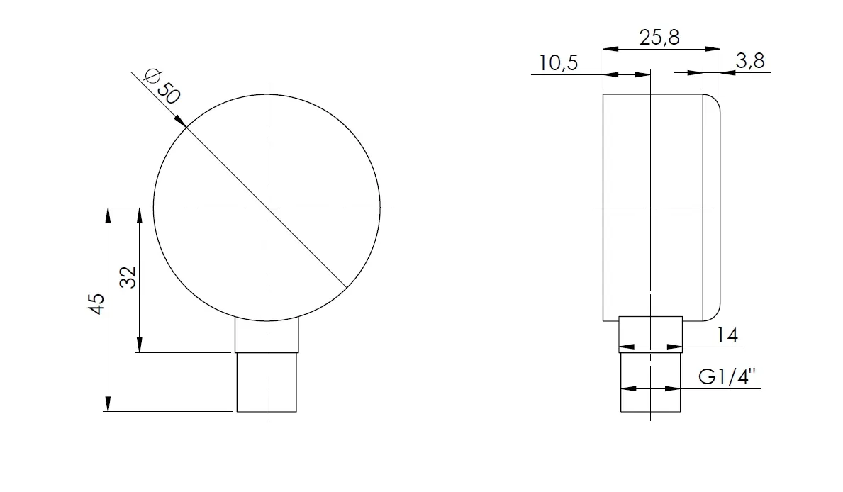 Manometr grzewczy RF 50, fi50 mm, 0÷6 bar, G1/4", rad, kl. 2,5 - wymiary