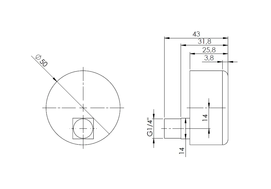 Manometr grzewczy RF 50, fi50 mm, 0÷6 bar, G1/4", ax, kl. 2,5 - wymiary