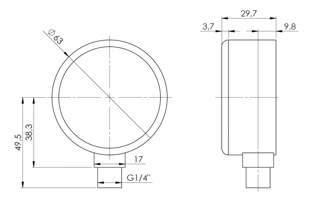 Manometr grzewczy RF 63, fi63 mm, -1÷0 bar, G1/4", rad, kl. 2,5 - wymiary