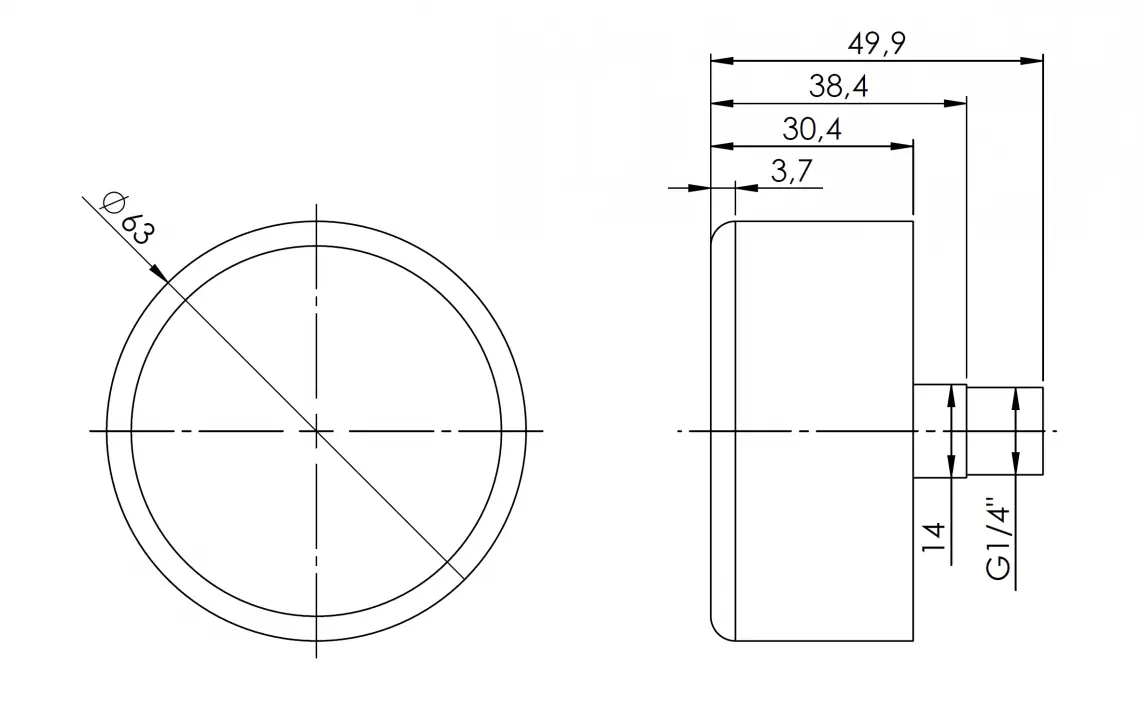 Manometr grzewczy RF 63, fi63 mm, 0÷4 bar, G1/4", ax, kl. 2,5 - budowa