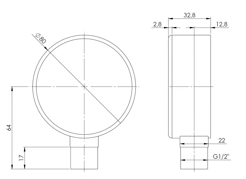 Manometr grzewczy RF 80, fi80 mm, -1÷0 bar, G1/2", rad, kl. 2,5 - wymiary