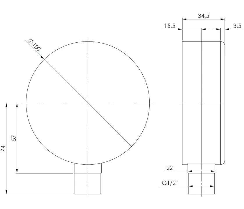 Manometr grzewczy RF 100, fi100 mm, 0÷1,6 bar, G1/2", rad, kl. 2,5 - wymiary