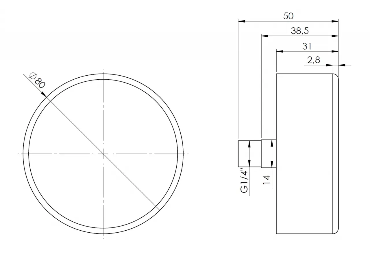 Manometr grzewczy HZ 80, fi80 mm, 0÷4 bar, G1/2", ax, kl. 2,5 - wymiary
