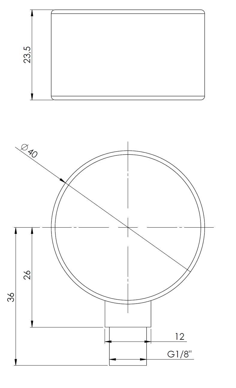 Manometr standardowy RF 40, D201, fi40 mm, -1÷0 bar, G1/8", rad, kl. 1,6 - budowa