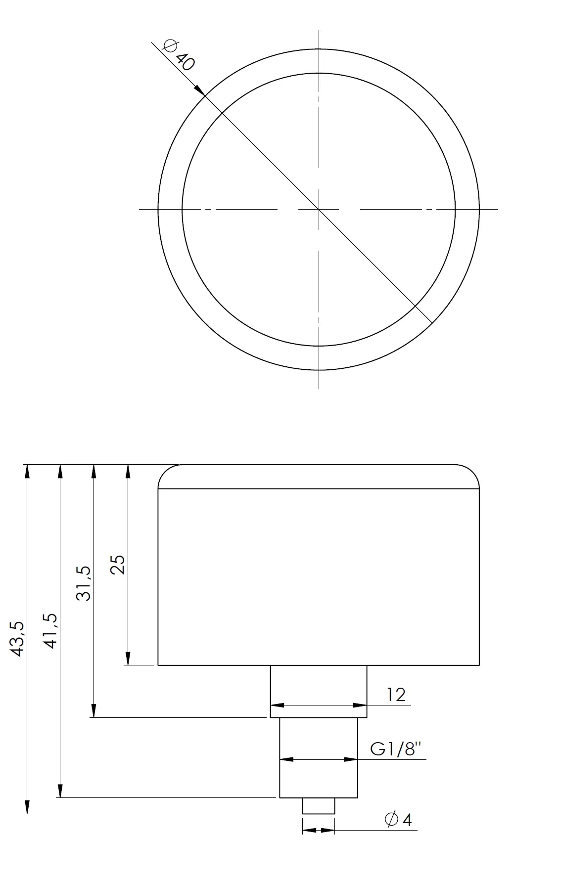 Manometr standardowy RF 40, D211, fi40 mm, -1÷0 bar, G1/8", ax, kl. 1,6 - budowa