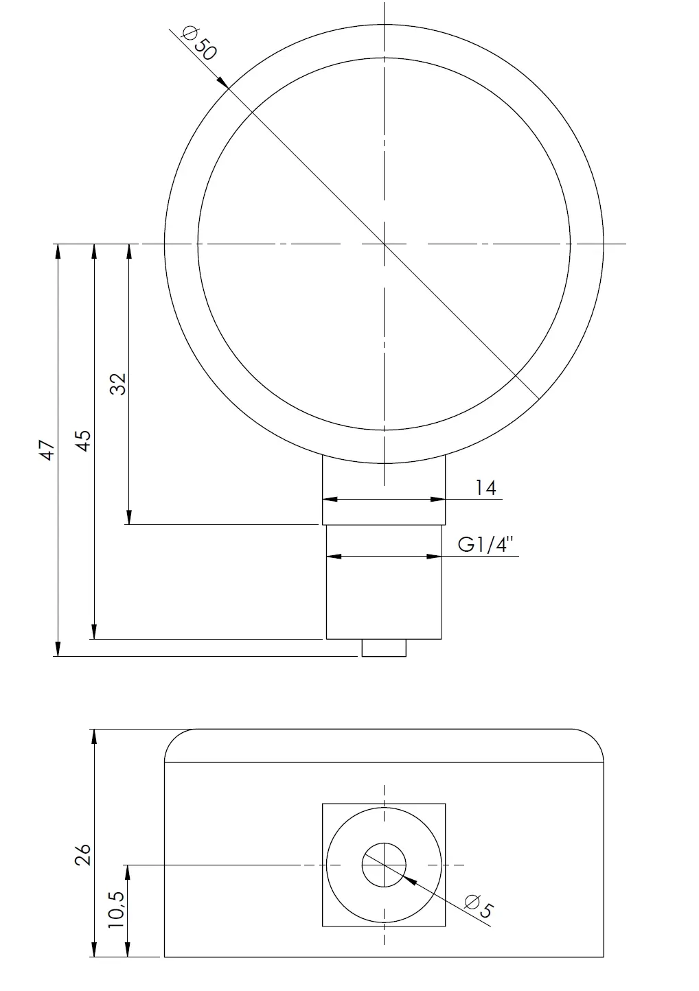 Manometr standardowy RF 50, D201, fi50 mm, -1÷0 bar, G1/4", rad, kl. 1,6 - budowa