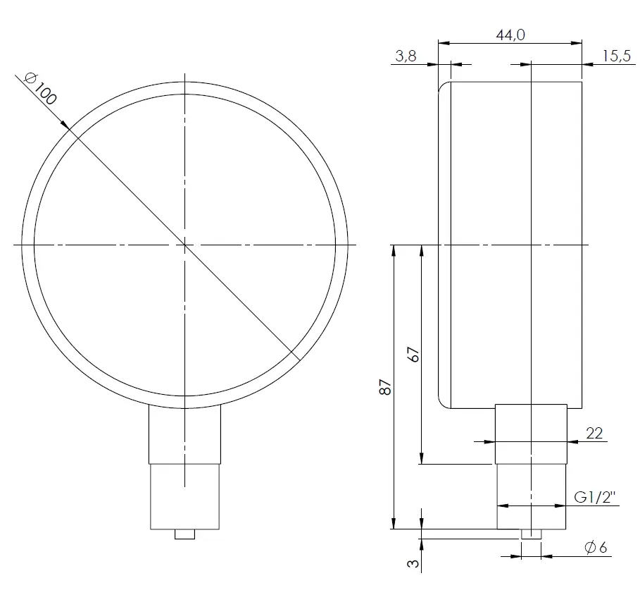 Manometr puszkowy KP 100, D201, fi100 mm, 0÷1000 mbar, G1/2", rad, kl. 1,6 - budowa