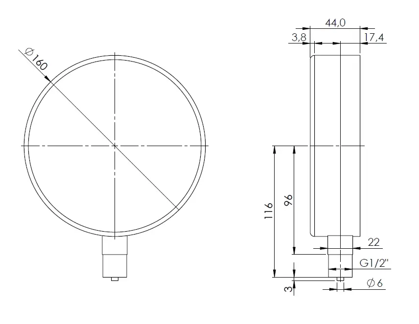 Manometr puszkowy KP 160, D401, fi160 mm, -6÷0 mbar, G1/2", rad, kl. 1,6 - budowa