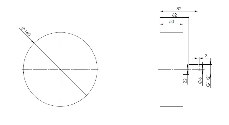 Manometr puszkowy KP 160, D411, fi160 mm, -6÷0 mbar, G1/2", ax, kl. 1,6 - budowa