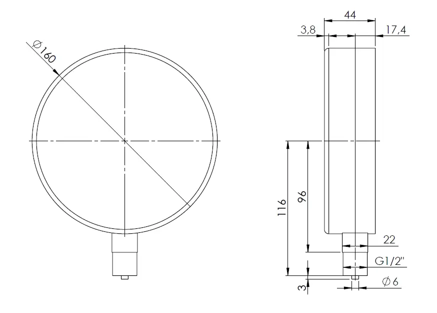 Manometr puszkowy KP 160, D401, fi160 mm, -40÷0 mbar, G1/2", rad, kl. 1,6 - budowa