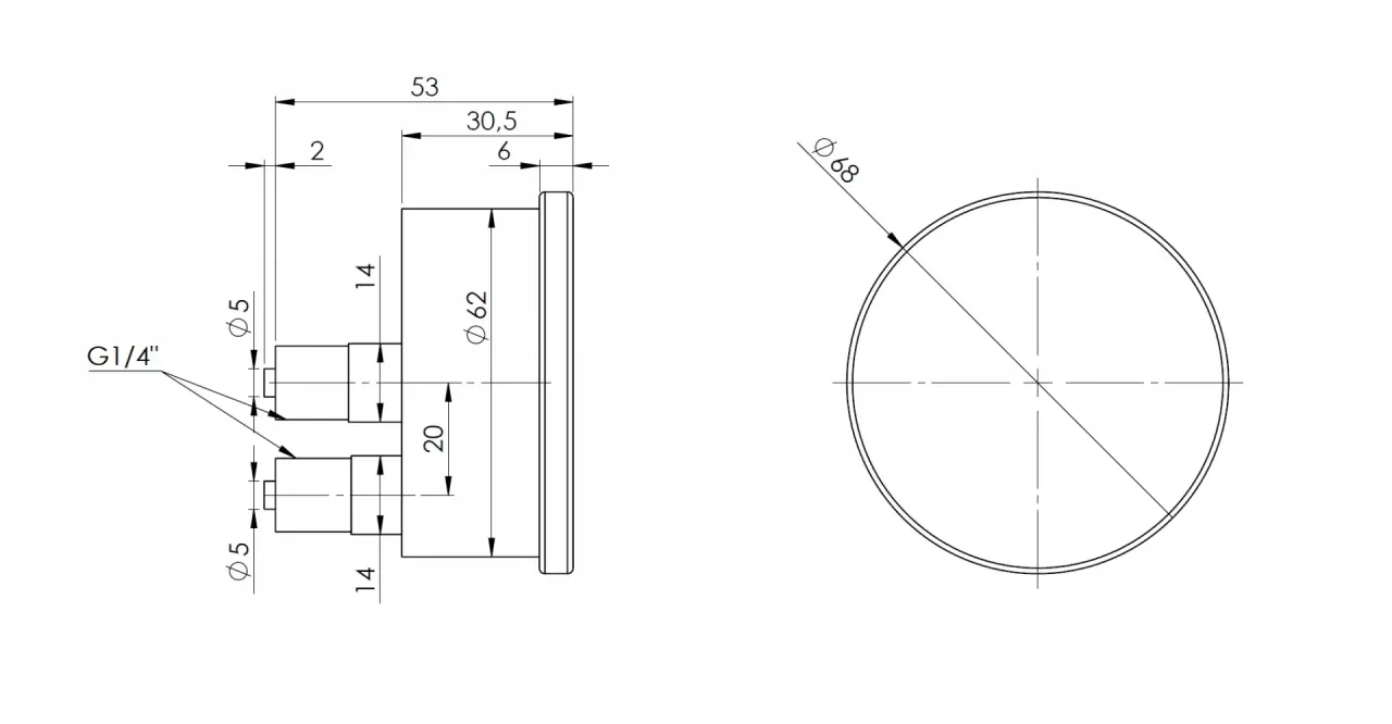 Manometr puszkowy KP 63 Dif, D911, fi63 mm, 0÷16 mbar, G1/4", ax, kl. 1,6 - wymiary