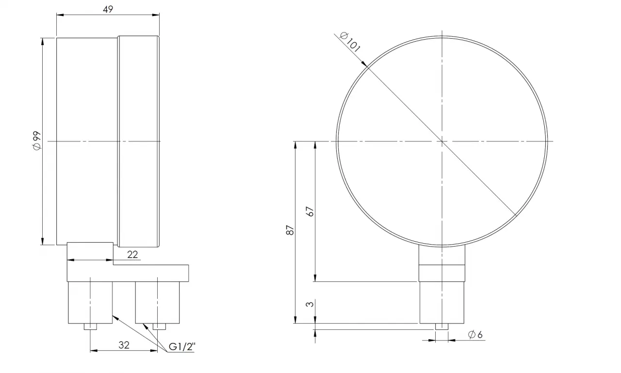 Manometr puszkowy KP 100 Dif, D401, fi100 mm, 0÷6 mbar, G1/2", rad, kl. 1,6 - wymiary
