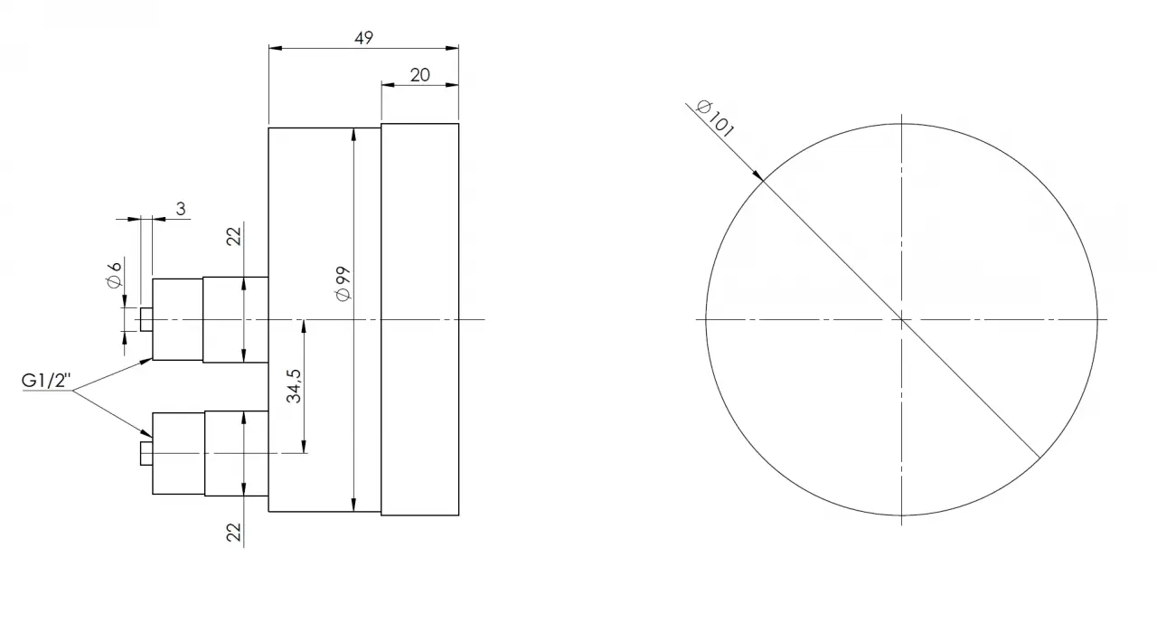 Manometr puszkowy KP 100 Dif, D411, fi100 mm, 0÷6 mbar, G1/2", ax, kl. 1,6 - wymiary