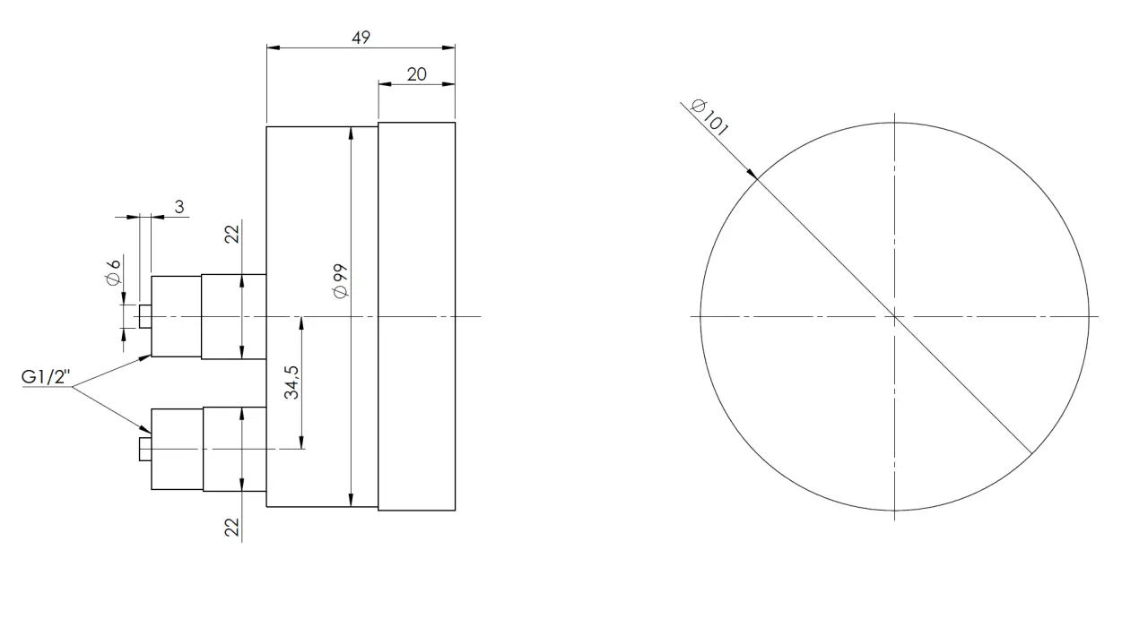Manometr puszkowy KP 100 Dif, D411, fi100 mm, 0÷250 mbar, G1/2", ax, kl. 1,6 - wymiary