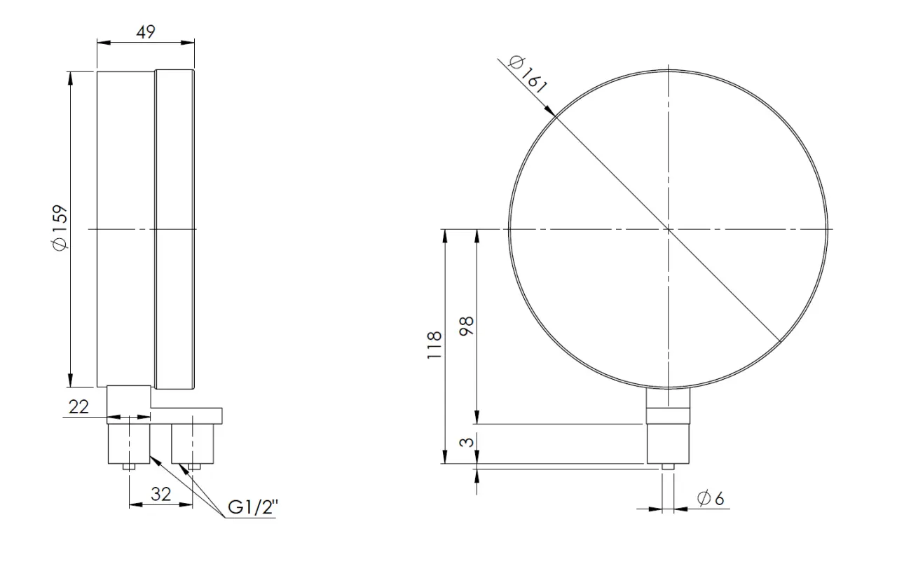 Manometr puszkowy KP 160 Dif, D401, fi160 mm, 0÷4 mbar, G1/2", rad, kl. 1,6 - wymiary