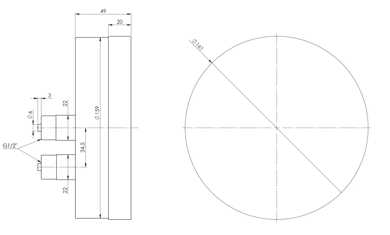 Manometr puszkowy KP 160 Dif, D401, fi160 mm, 0÷4 mbar, G1/2", ax, kl. 1,6 - wymiary