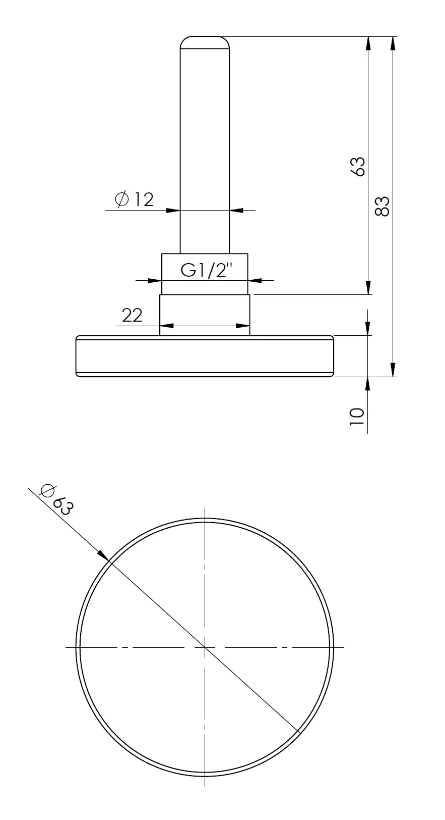 Termometr bimetaliczny BiTh 63, fi63 mm, 0÷120°C, L 63 mm, G1/2", ax, kl. 2 - budowa