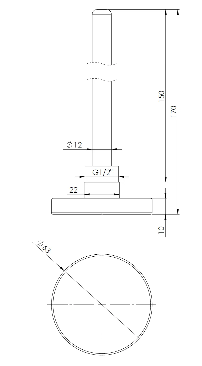 Termometr bimetaliczny BiTh 63, fi63 mm, 0÷120°C, L 150 mm, G1/2", ax, kl. 2 - budowa