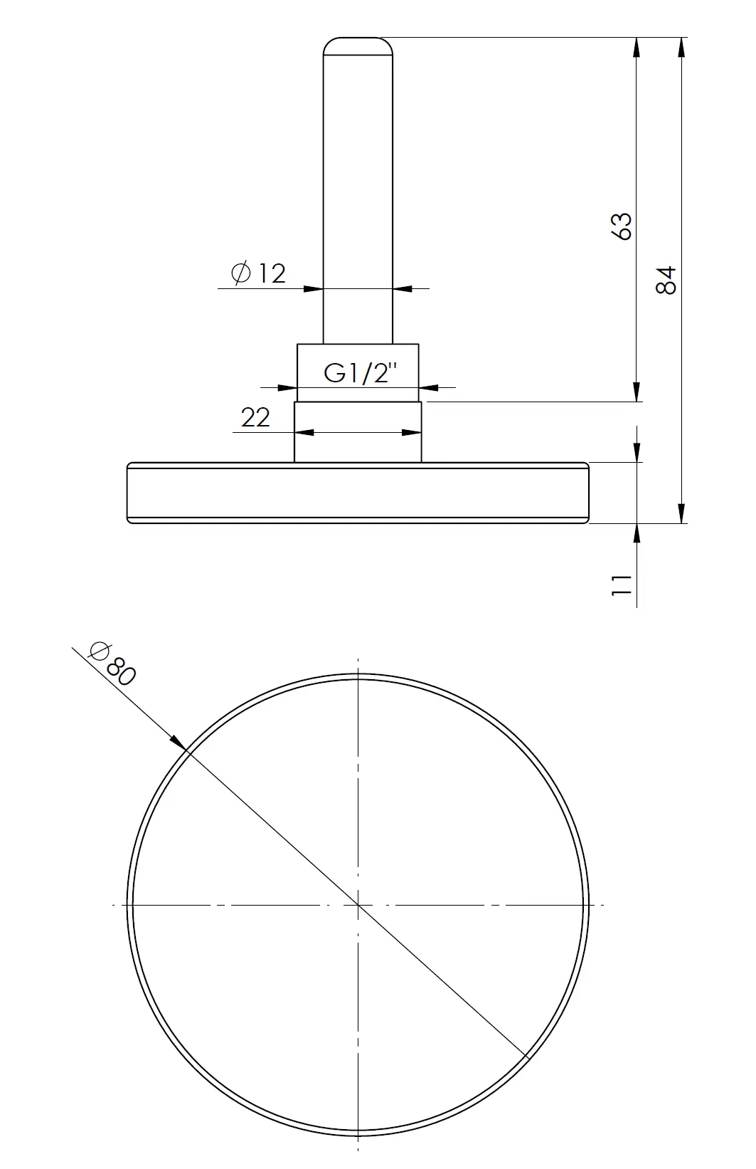 Termometr bimetaliczny BiTh 80, fi80 mm, 0÷120°C, L 63 mm, G1/2", ax, kl. 2 - budowa