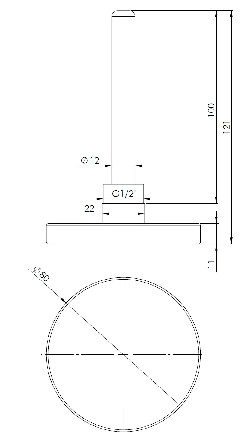Termometr bimetaliczny BiTh 80, fi80 mm, 0÷120°C, L 100 mm, G1/2", ax, kl. 2 - budowa