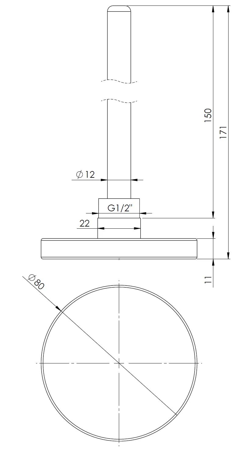 Termometr bimetaliczny BiTh 80, fi80 mm, 0÷120°C, L 150 mm, G1/2", ax, kl. 2 - budowa