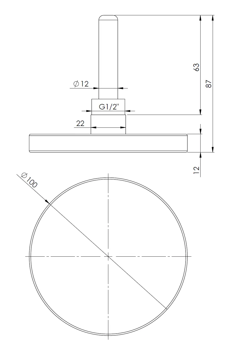 Termometr bimetaliczny BiTh 100, fi100 mm, 0÷120°C, L 63 mm, G1/2", ax, kl. 2 - budowa