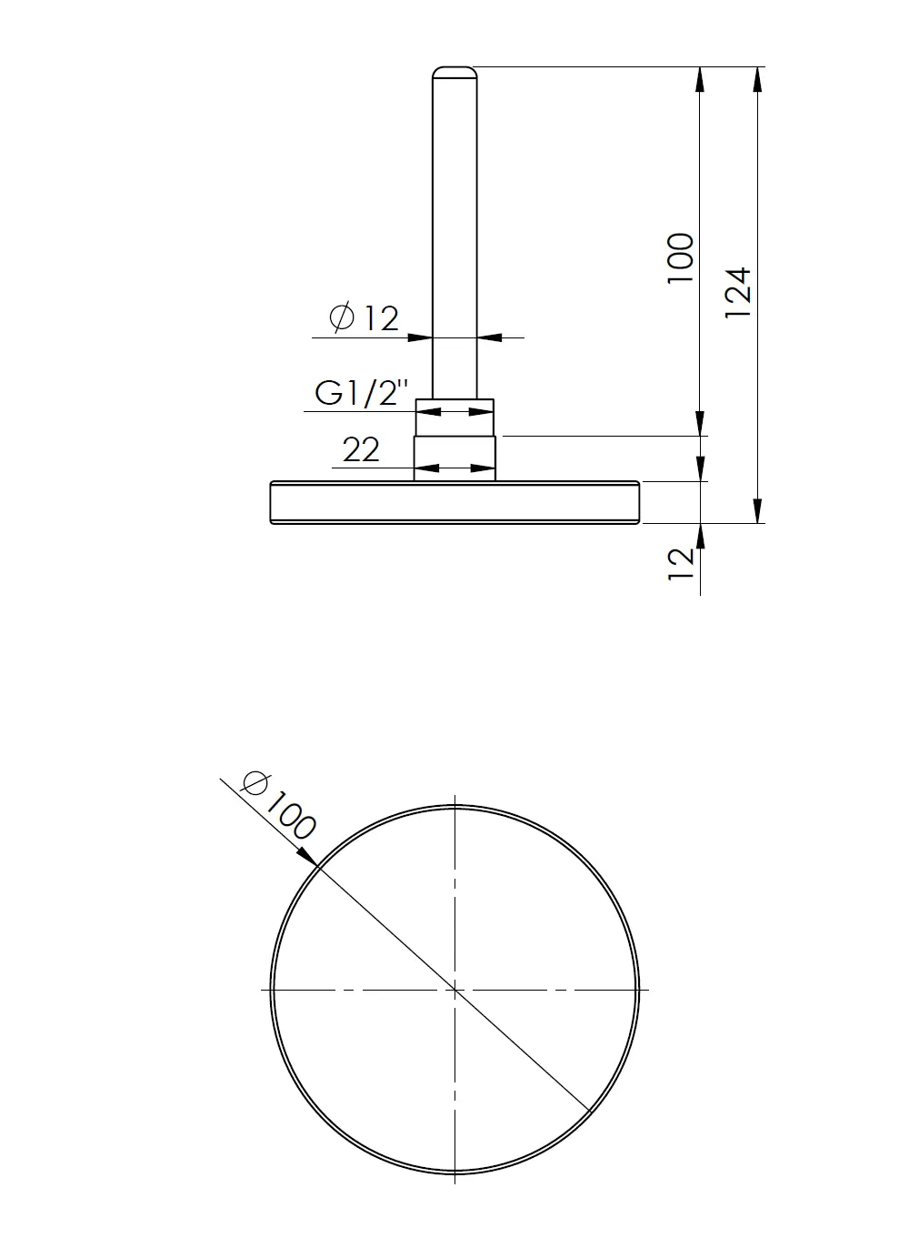 Termometr bimetaliczny BiTh 100, fi100 mm, 0÷120°C, L 100 mm, G1/2", ax, kl. 2 - budowa