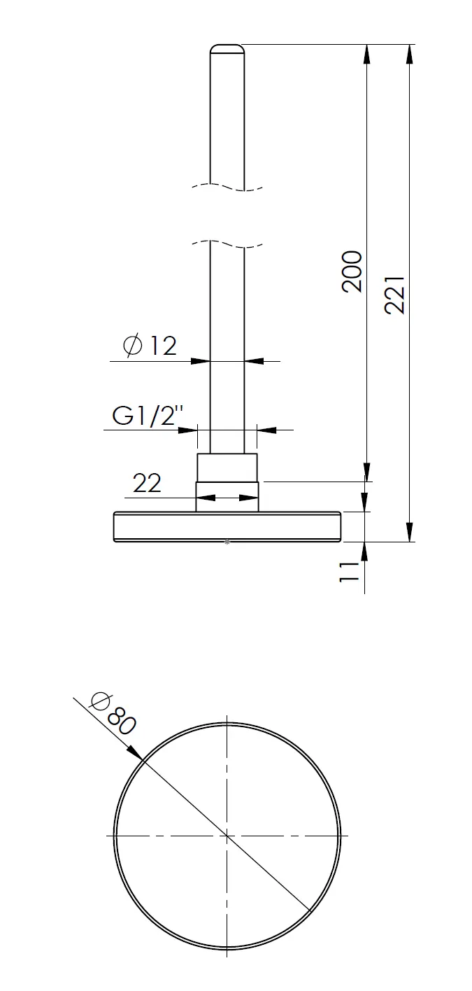 Termometr bimetaliczny BiTh 80, fi80 mm, 0÷120°C, L 200 mm, G1/2", ax, kl. 2 - budowa