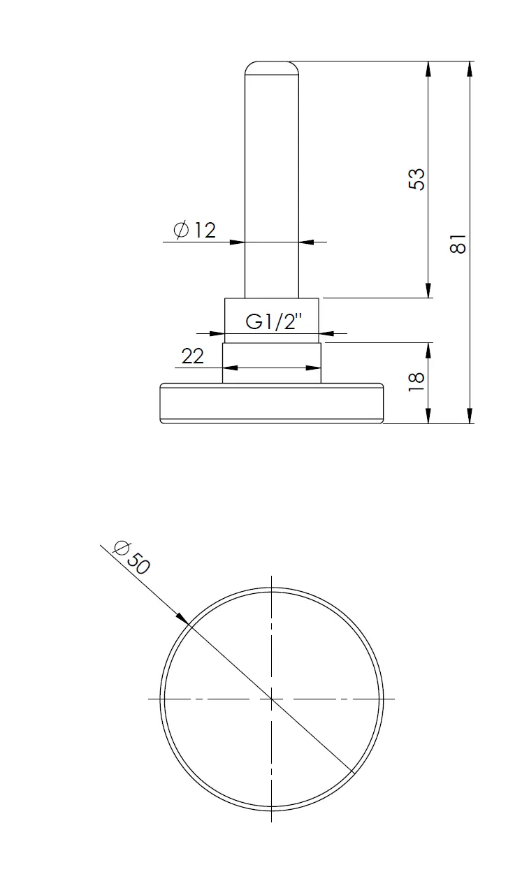 Termometr bimetaliczny BiTh 50, fi50 mm, 0÷60°C, L 63 mm, G1/2", ax, kl. 2 - budowa
