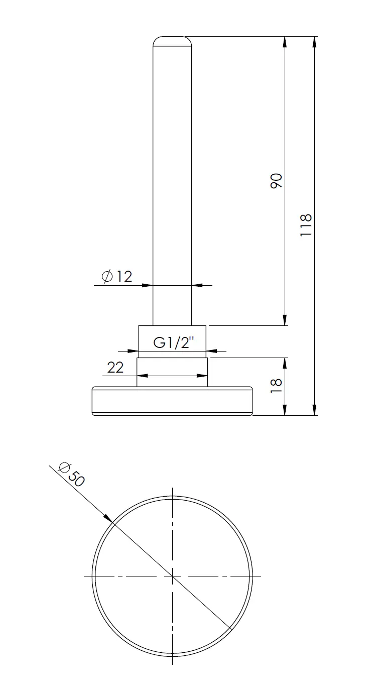Termometr bimetaliczny BiTh 50, fi50 mm, 0÷60°C, L 100 mm, G1/2", ax, kl. 2 - budowa