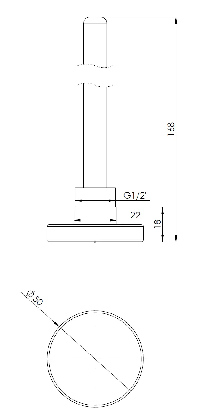 Termometr bimetaliczny BiTh 50, fi50 mm, 0÷60°C, L 150 mm, G1/2", ax, kl. 2 - budowa