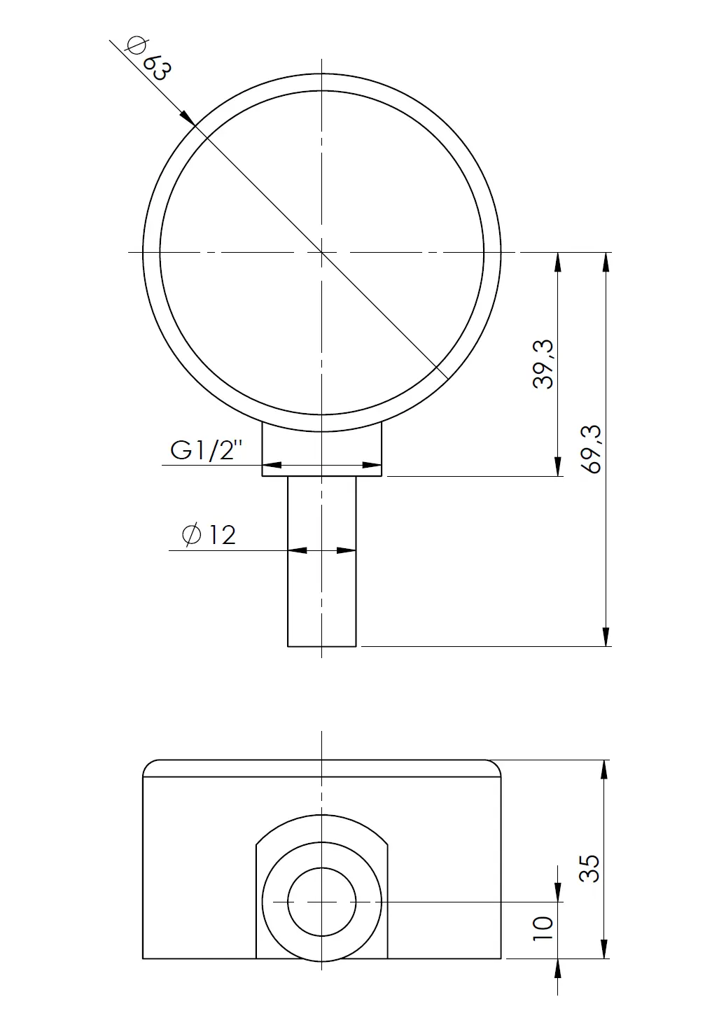 Termometr bimetaliczny BiTh 63, fi63 mm, -20÷60°C, L 40 mm, G1/2", rad, kl. 2 - wymiary