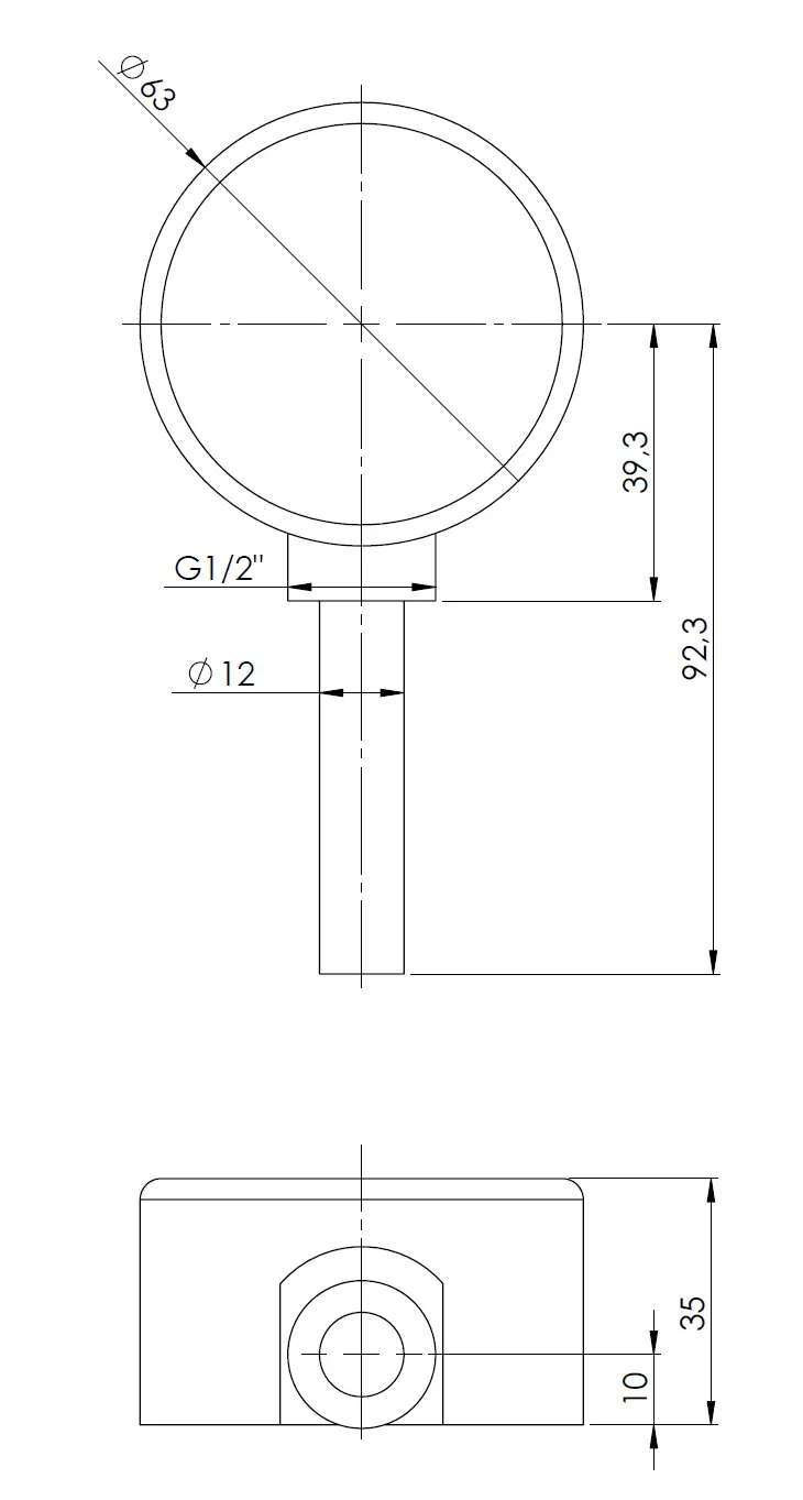 Termometr bimetaliczny BiTh 63, fi63 mm, -20÷60°C, L 63 mm, G1/2", rad, kl. 2 - budowa