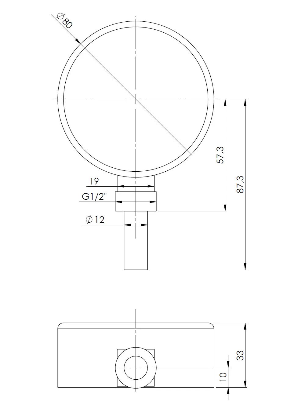 Termometr bimetaliczny BiTh 80, fi80 mm, -20÷60°C, L 40 mm, G1/2", rad, kl. 2 - budowa