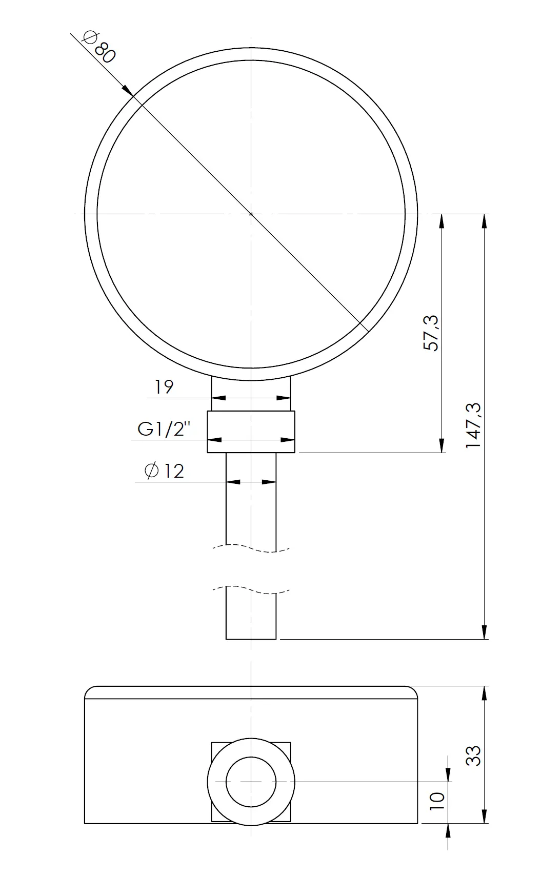 Termometr bimetaliczny BiTh 80, fi80 mm, -20÷60°C, L 100 mm, G1/2", rad, kl. 2 - budowa